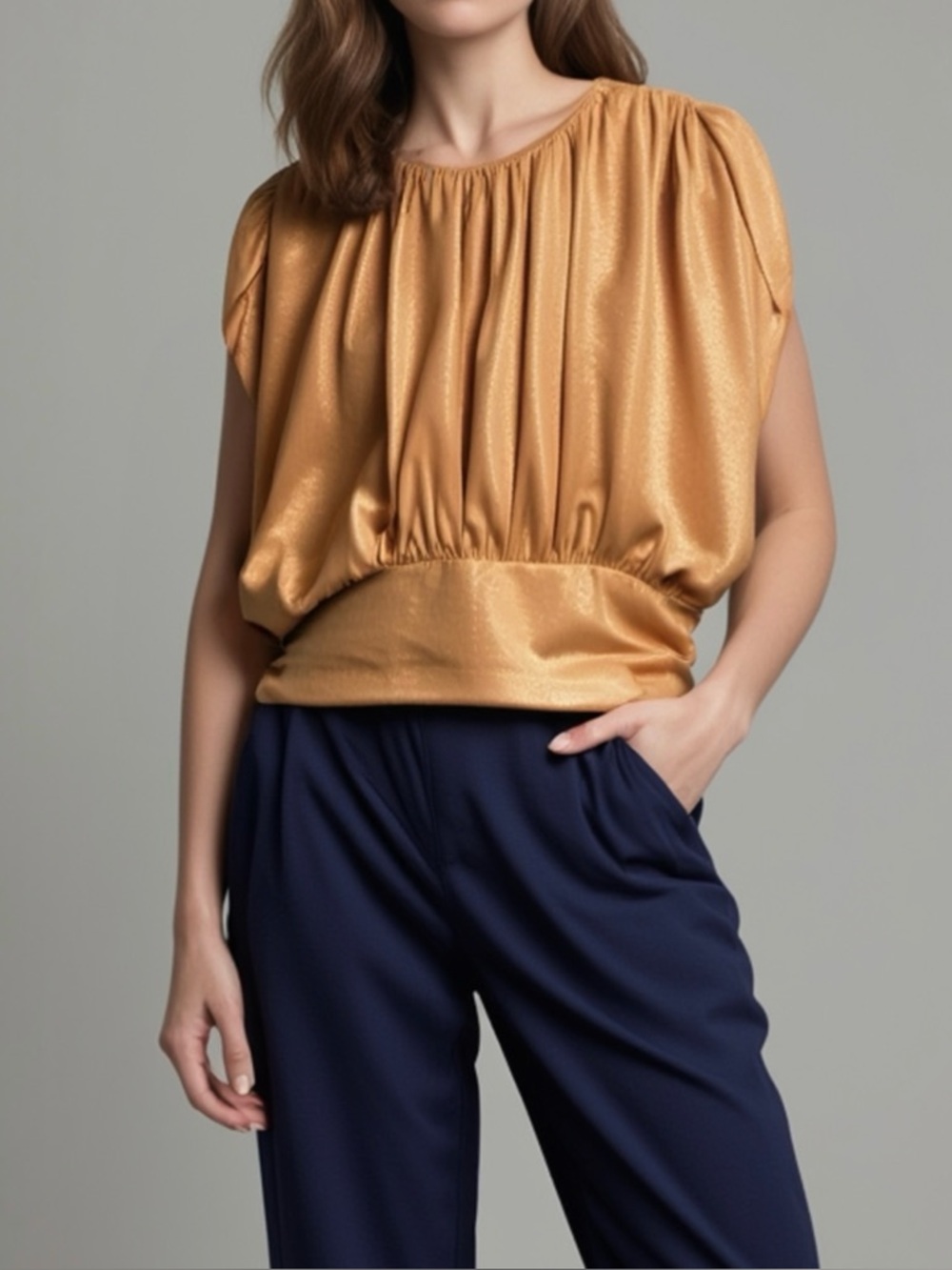 Maeve Women Large Gold Metallic Blouse Stylish Shimmer